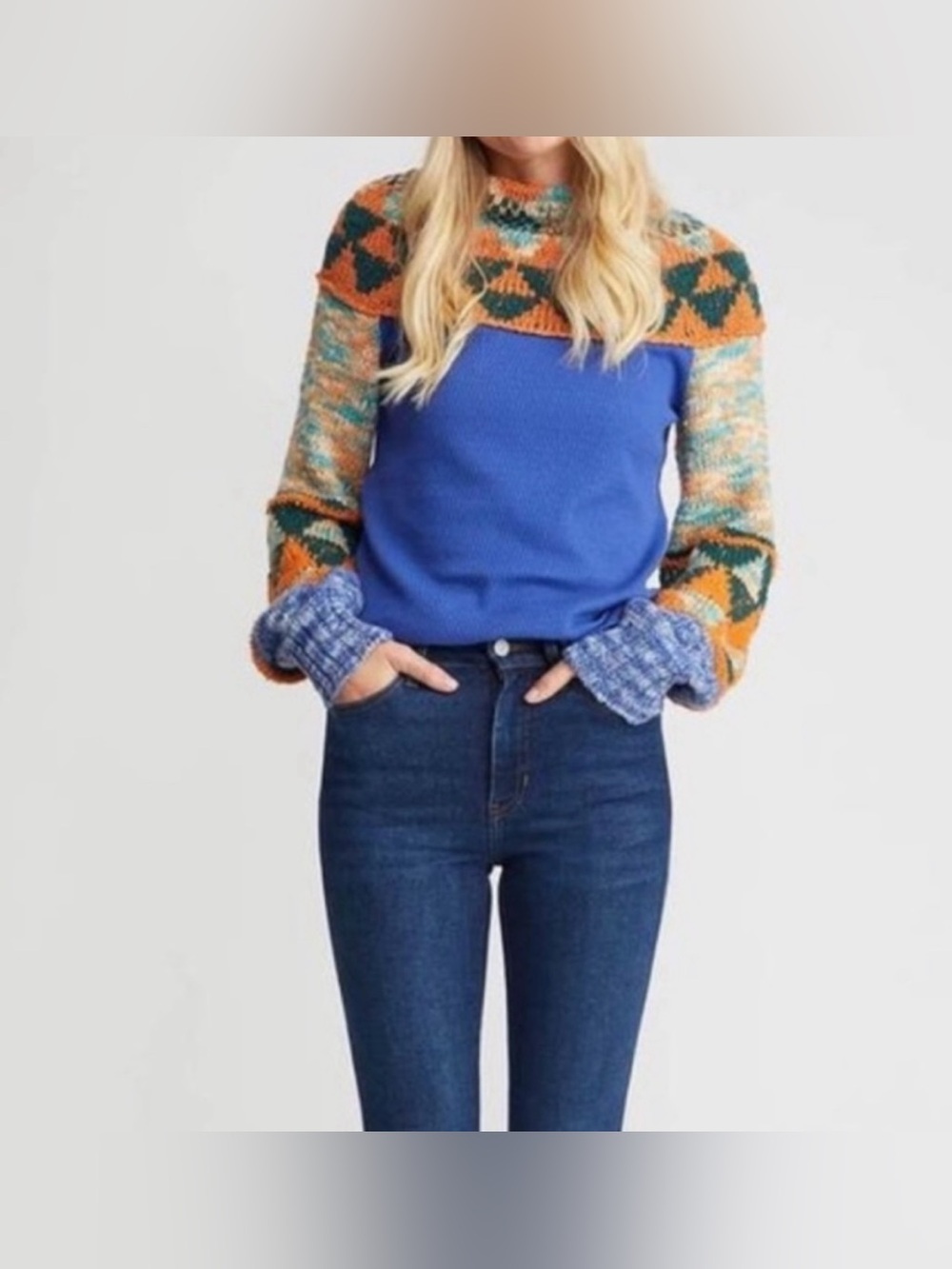 Free People Mixed Blue and Orange Patterned Sleeves High Neck Sweater - Size L